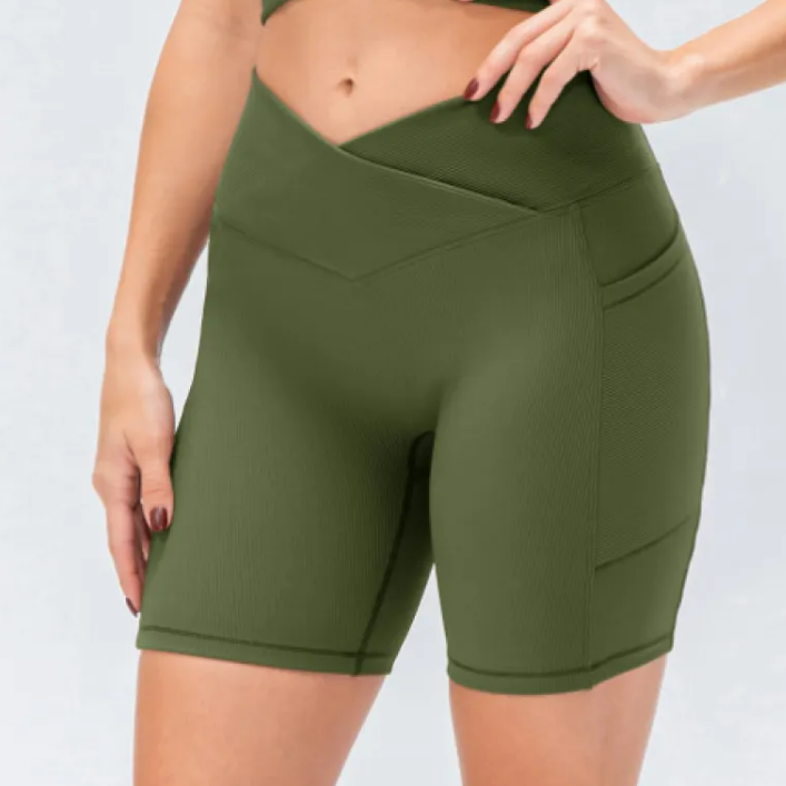 Women's Cross-Waist Yoga Shorts with Pockets