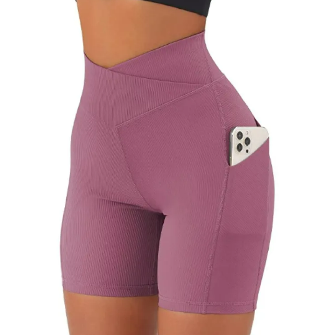 Women's Cross-Waist Yoga Shorts with Pockets